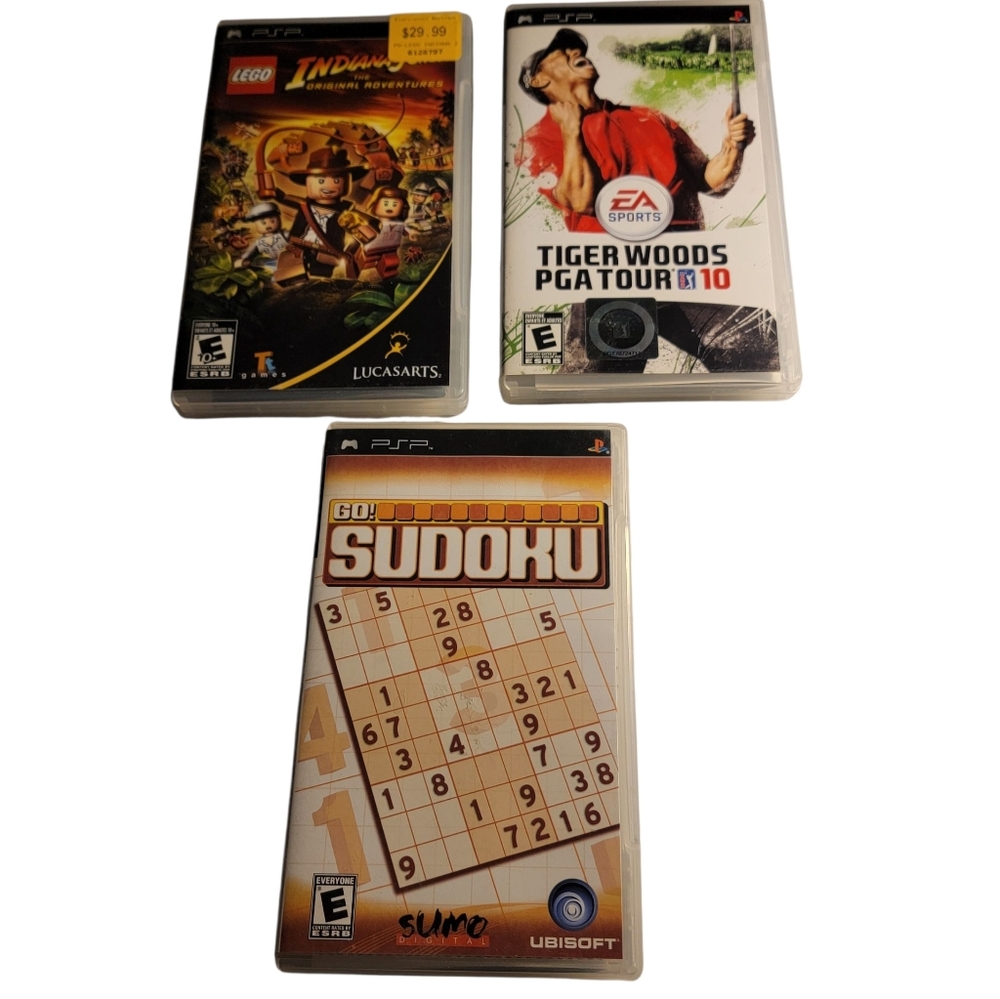 (3) PSP Game Lot Lego Indiana Jones Tiger Woods PGA 10 Go! Sudoku Complete